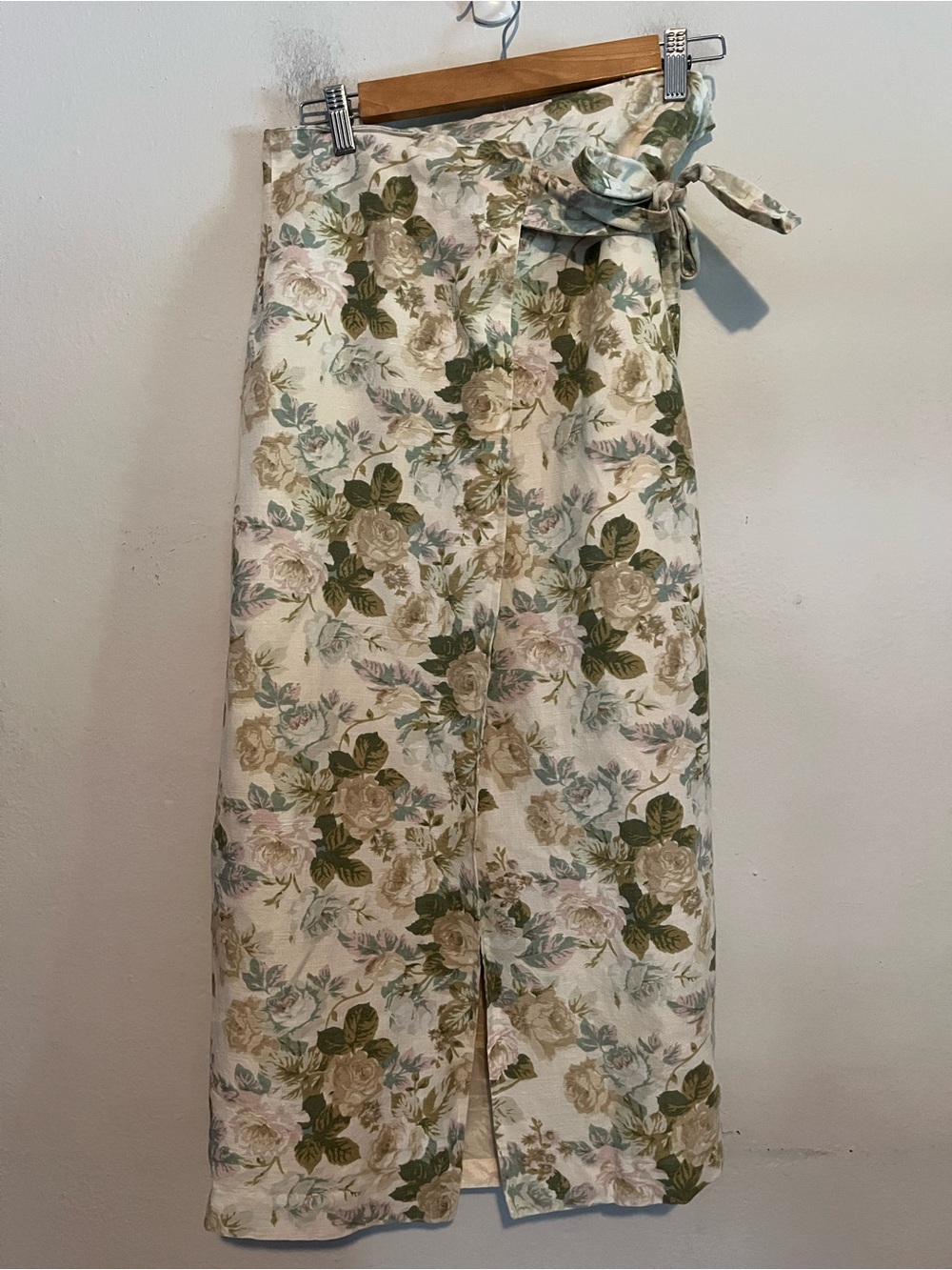 Vtg British Khaki Linen Cotton Blend Floral Wrap Maxi Skirt Cottagecore Preppy S